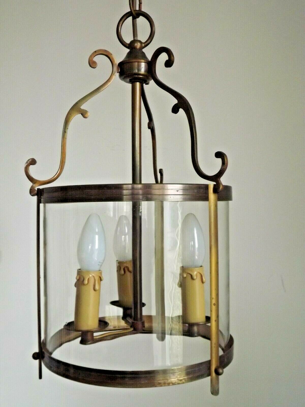 Large Vintage French Brass Cylindrical Glass 3 Light Hanging Hall Lantern