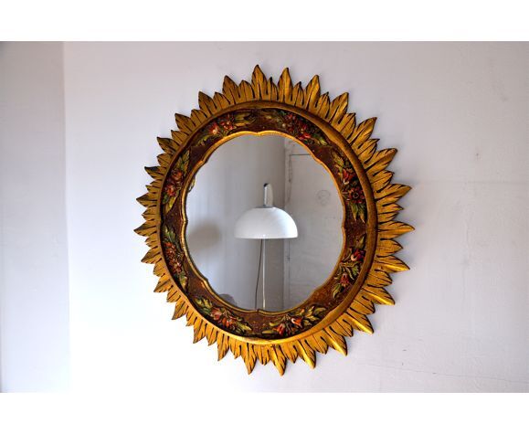 Golden wooden sun mirror, France, 1980, 70cm