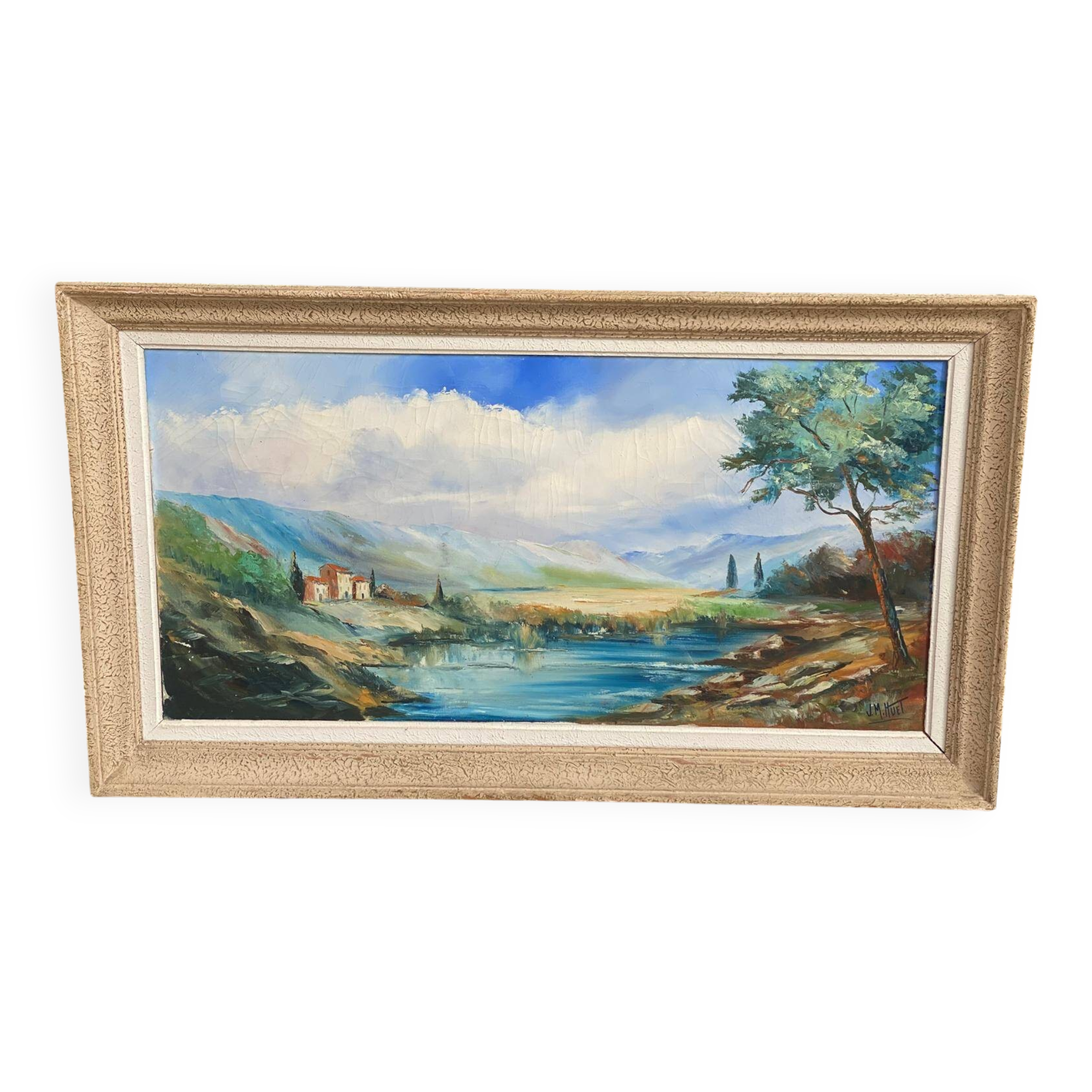 Oil painting on canvas, mount and lake, signed Huet 100x50
