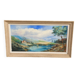 Oil painting on canvas, mount and lake, signed Huet 100x50