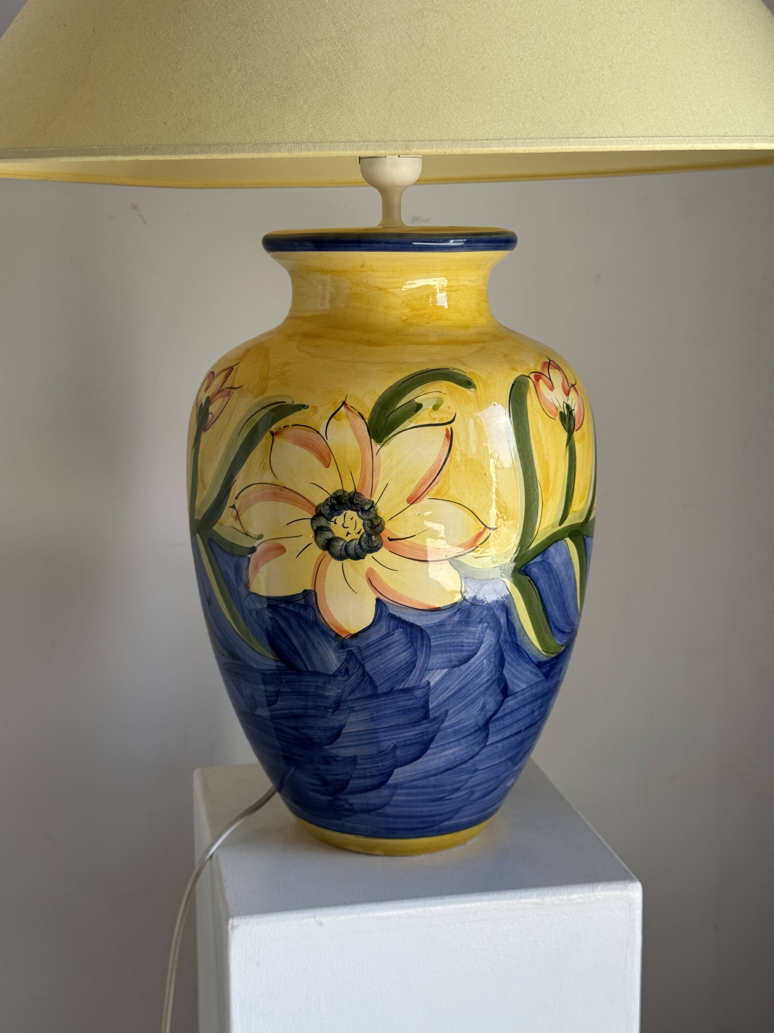 Large blue and yellow lamp with floral patterns H60