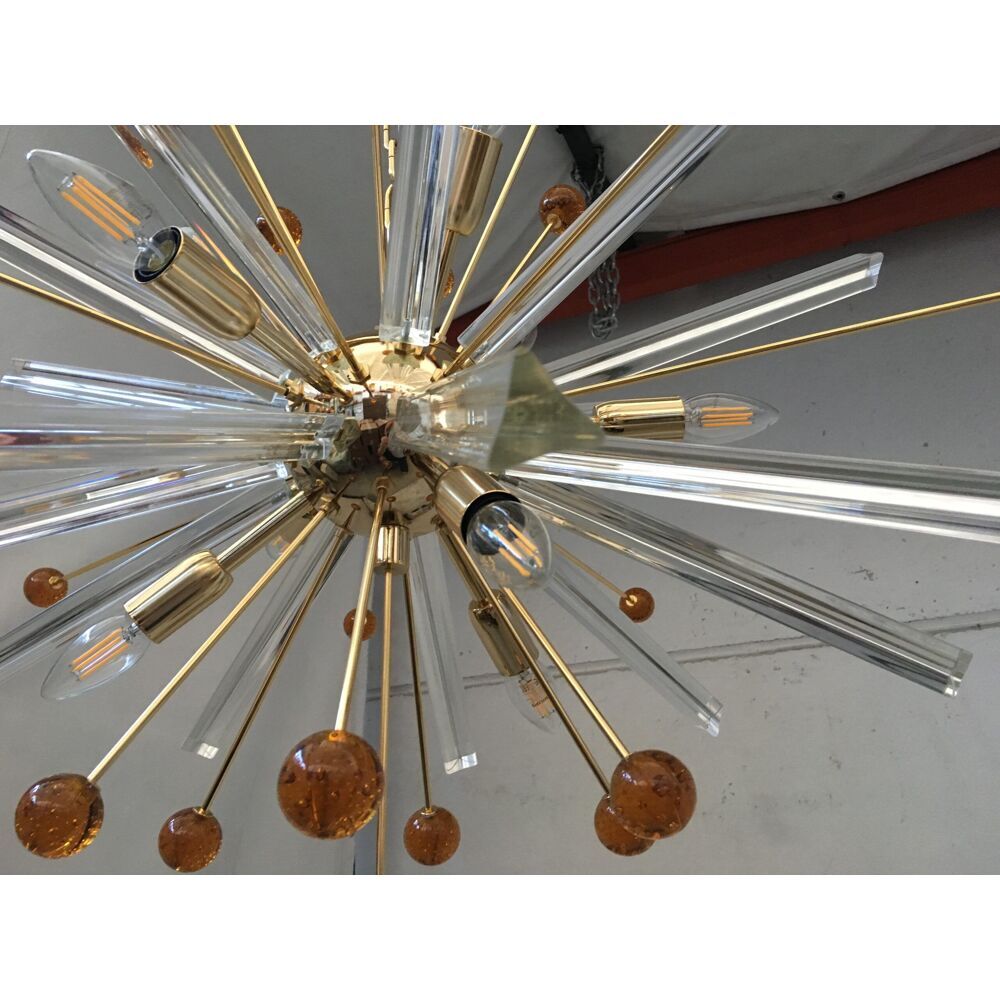 Transparent “triedro” and amber spheres murano glass oval sputnik chandelier