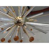 Lustre spoutnik en verre de murano transparent « triedro et sphères ambrées »