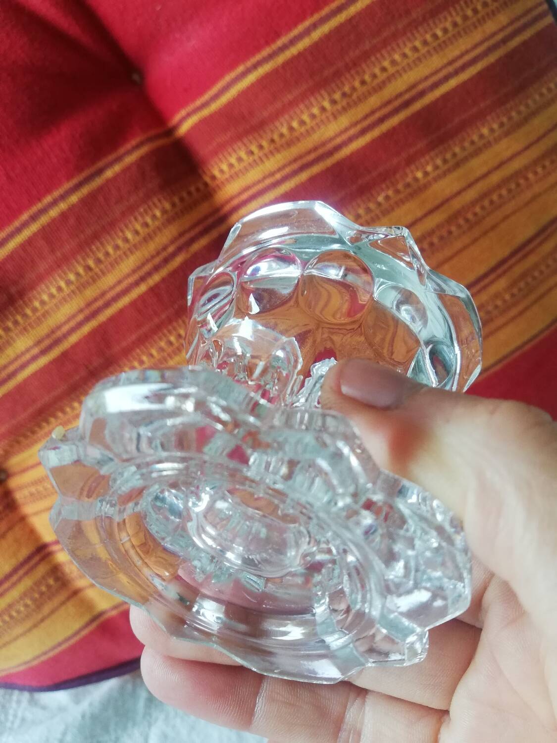 Set of two vintage glass candlesticks, transparent, France, Reims.