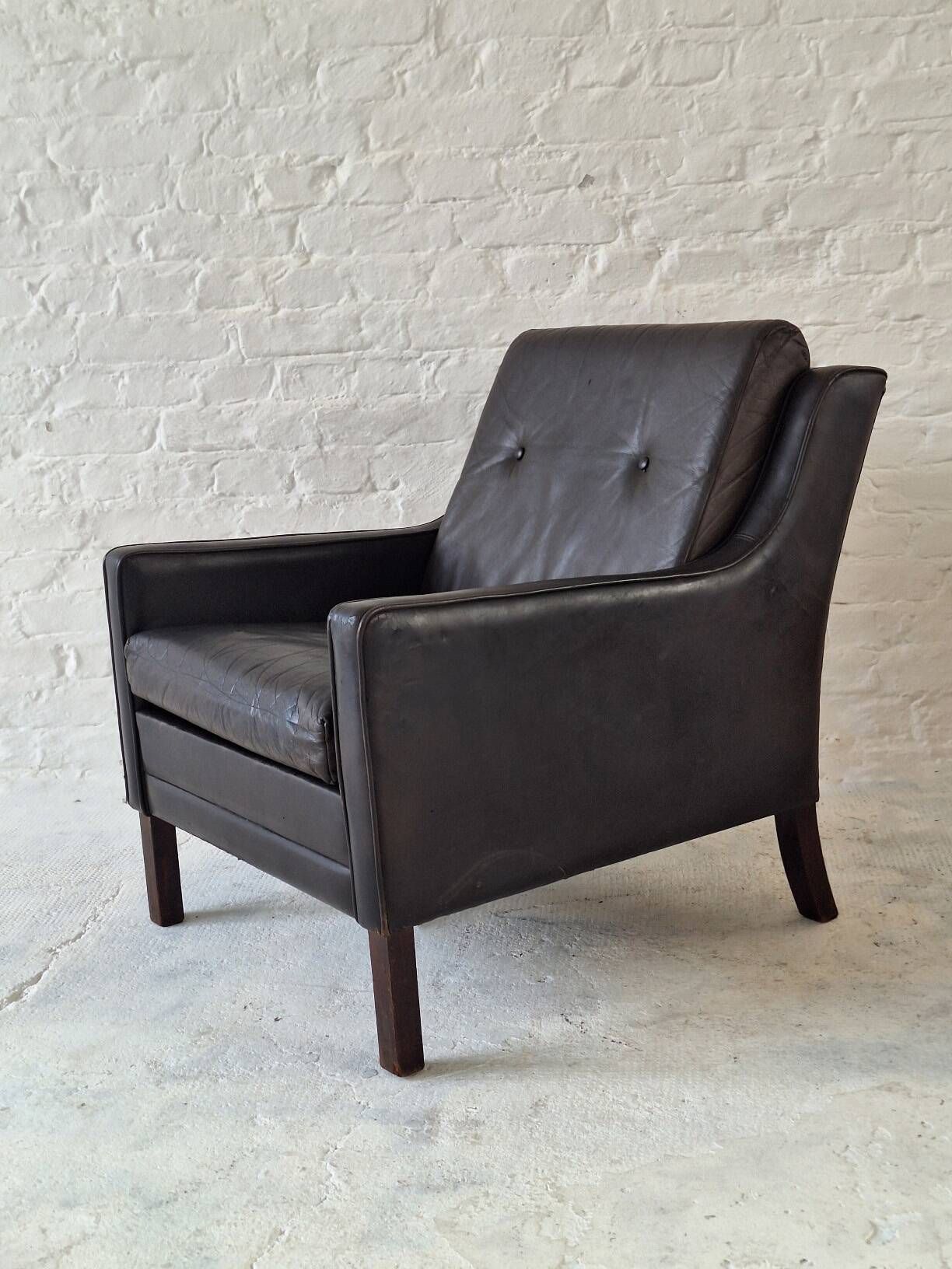 Danish mid century dark brown leather lounge chair, 1960s