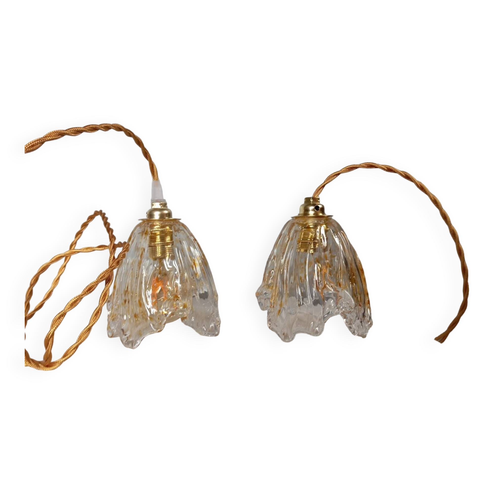Paire de baladeuses verre soufflé drappé, fil torsadé ocre