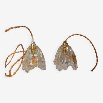 Pair of draped blown glass hanging lamps, ocher twisted wire