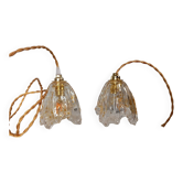 Paire de baladeuses verre soufflé drappé, fil torsadé ocre