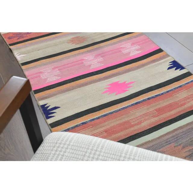 Vintage Turkish Hand-Knotted Wool Cotton Pink Runner Rug 72x398