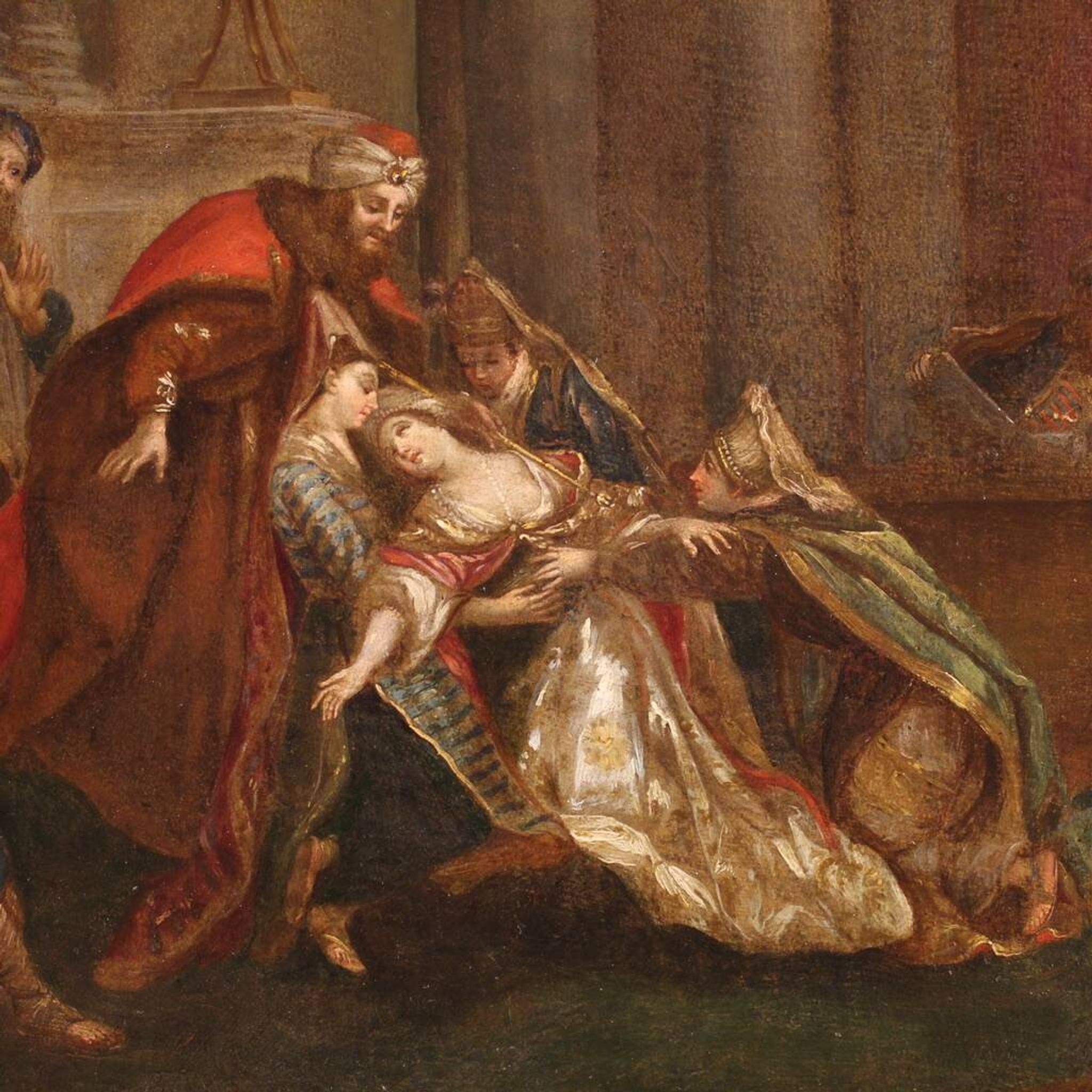 Antique painting from the 18th century, Esther fainting before Ahasuerus