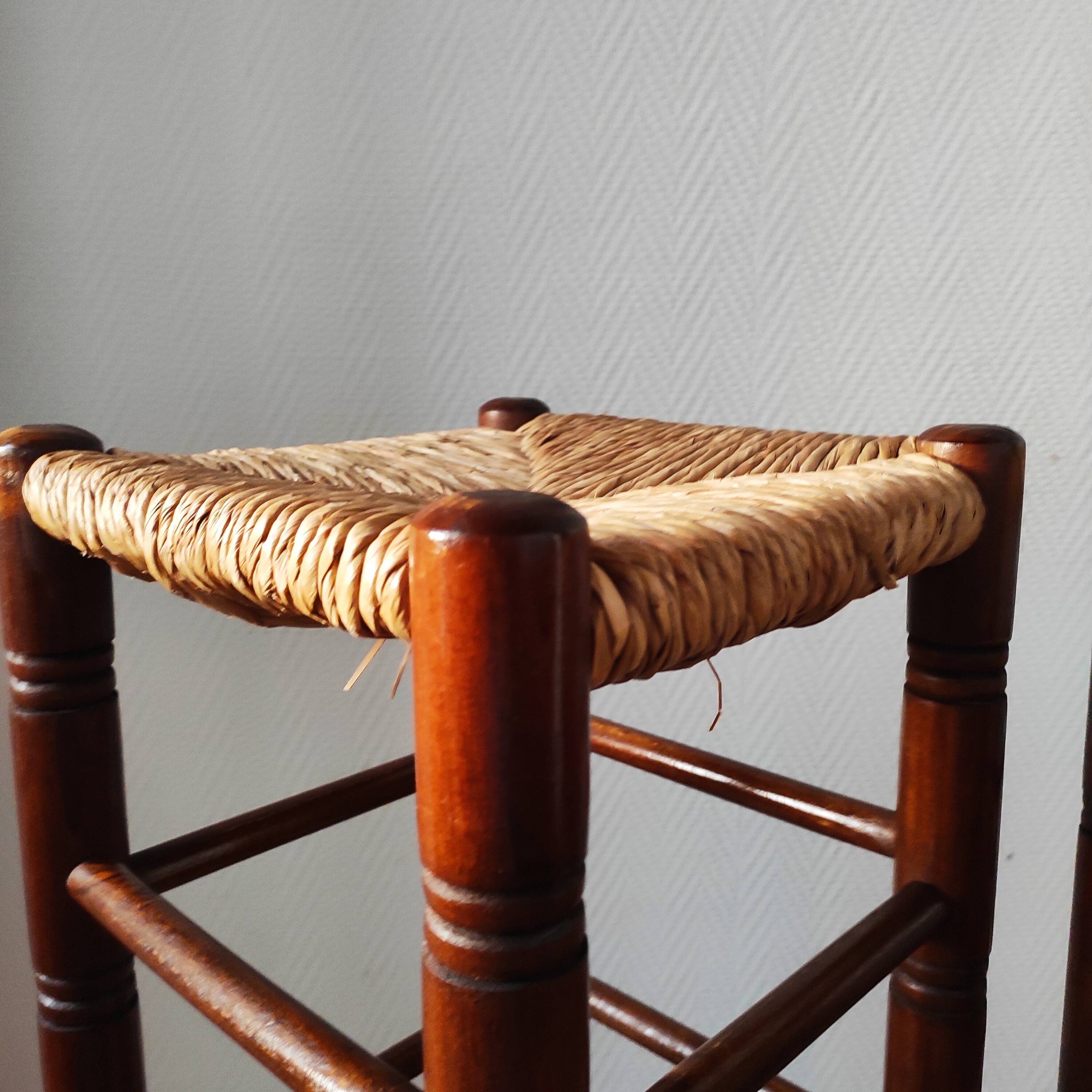 Pair of vintage brutalist stools made of wood and straw, France 1965.