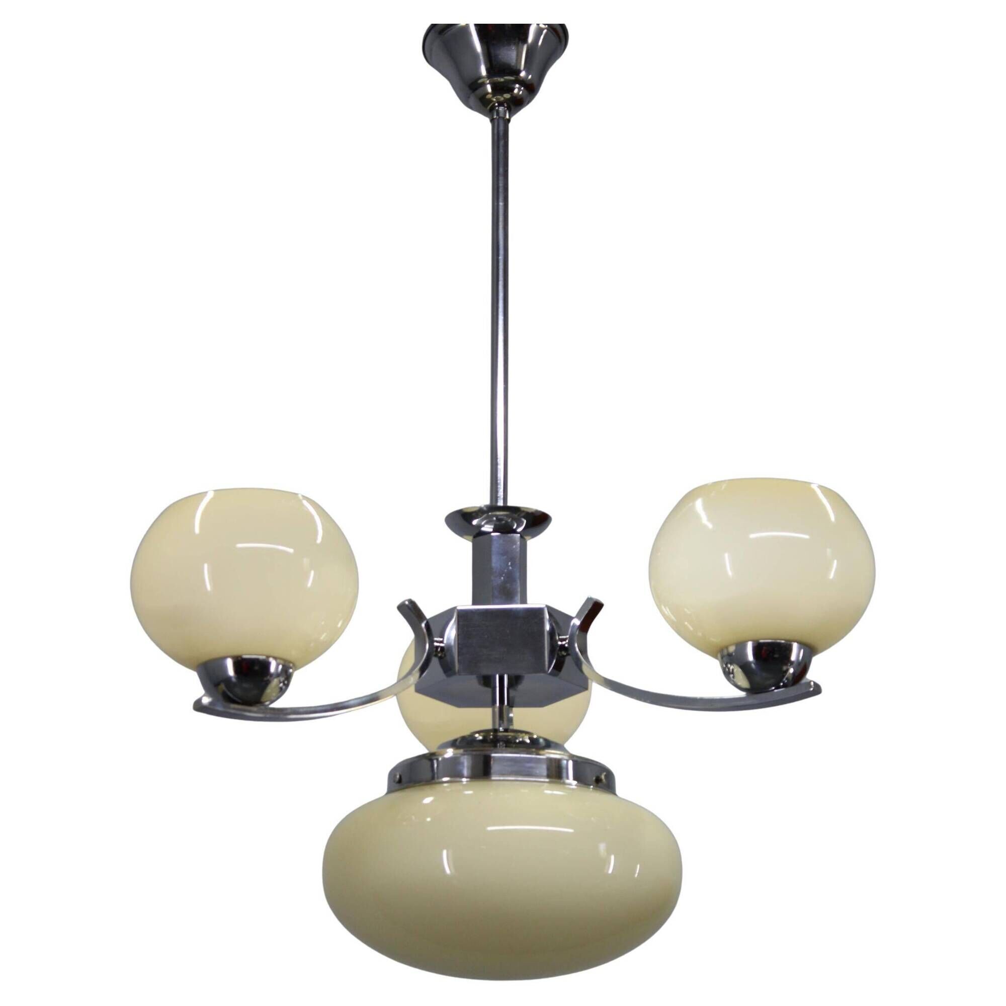 Art Deco chandelier, chrome and champagne glass, Czechoslovakia, 1930s