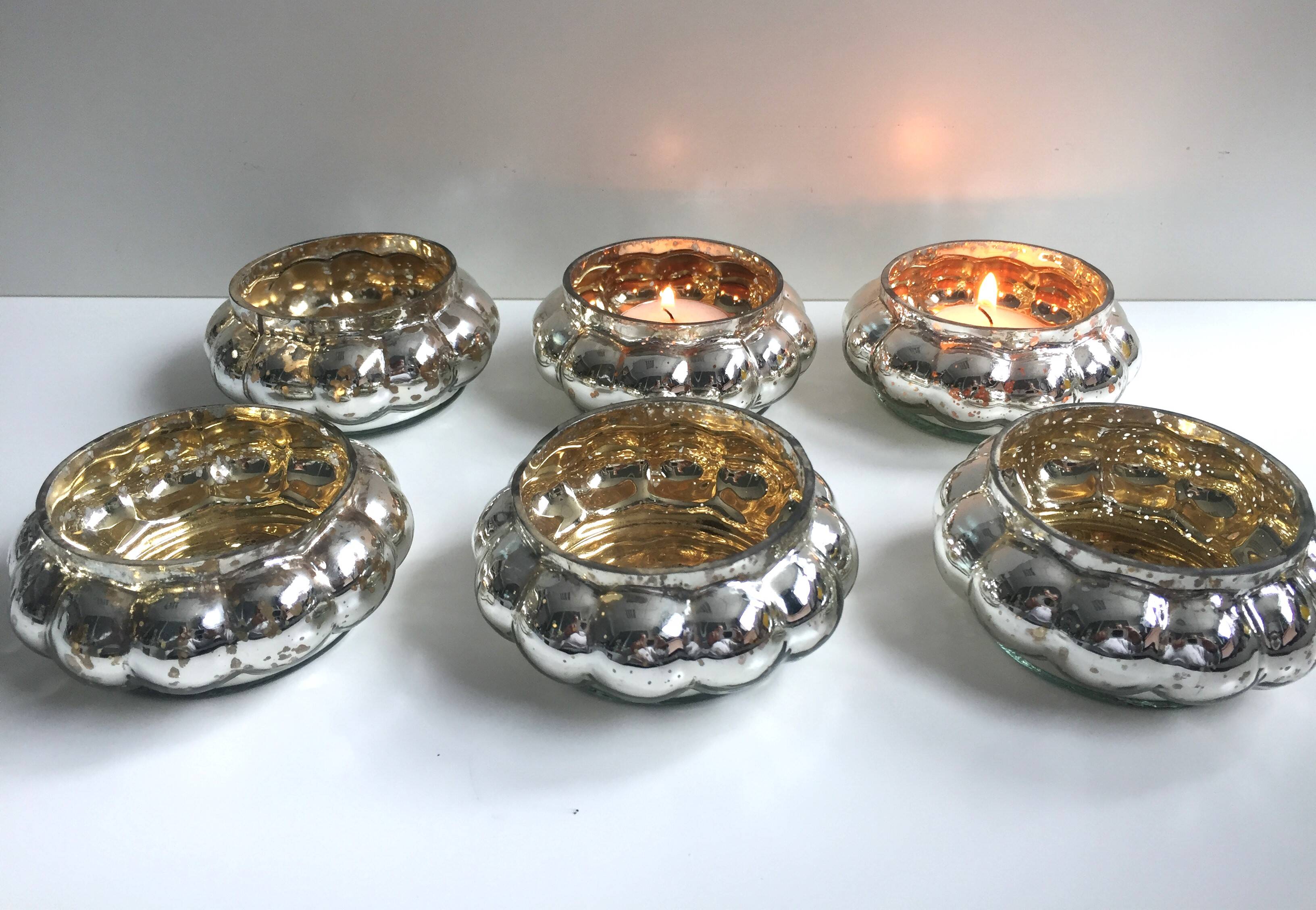 Set of 6 Mercurized Silver Glass Tealight Holders