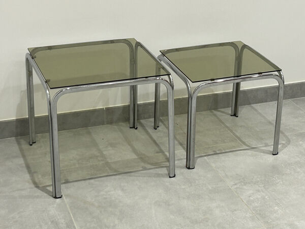 Table gigogne chrome et verre fumé lot de 2
