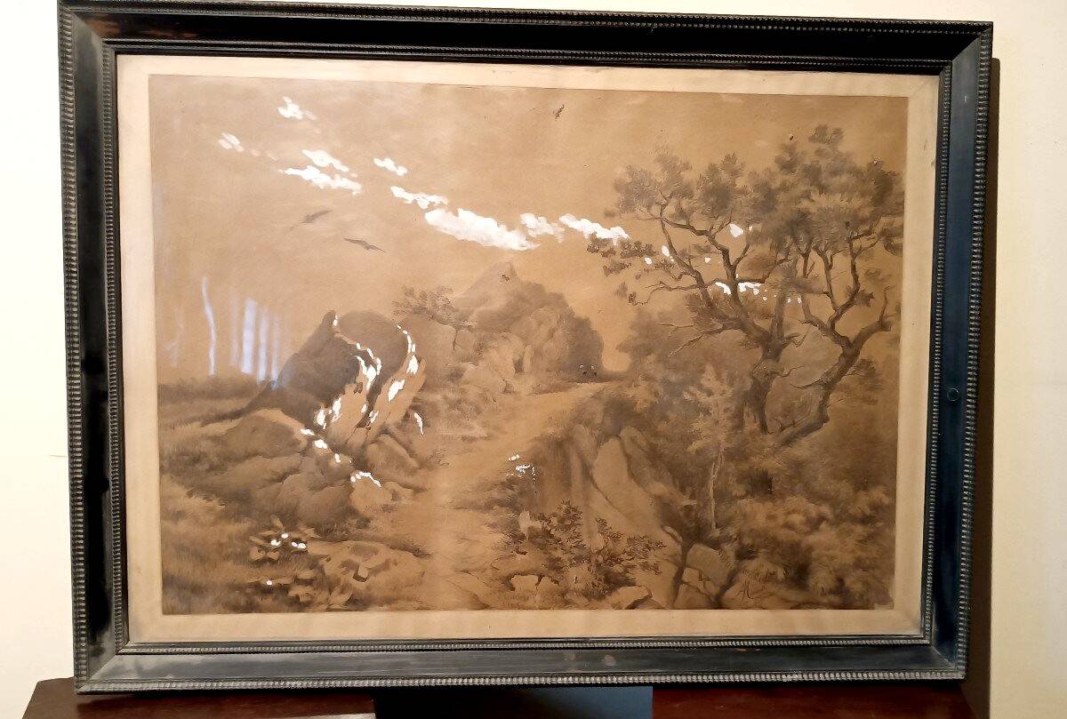 Grande peinture de paysage, techniques mixtes, 19e siècle