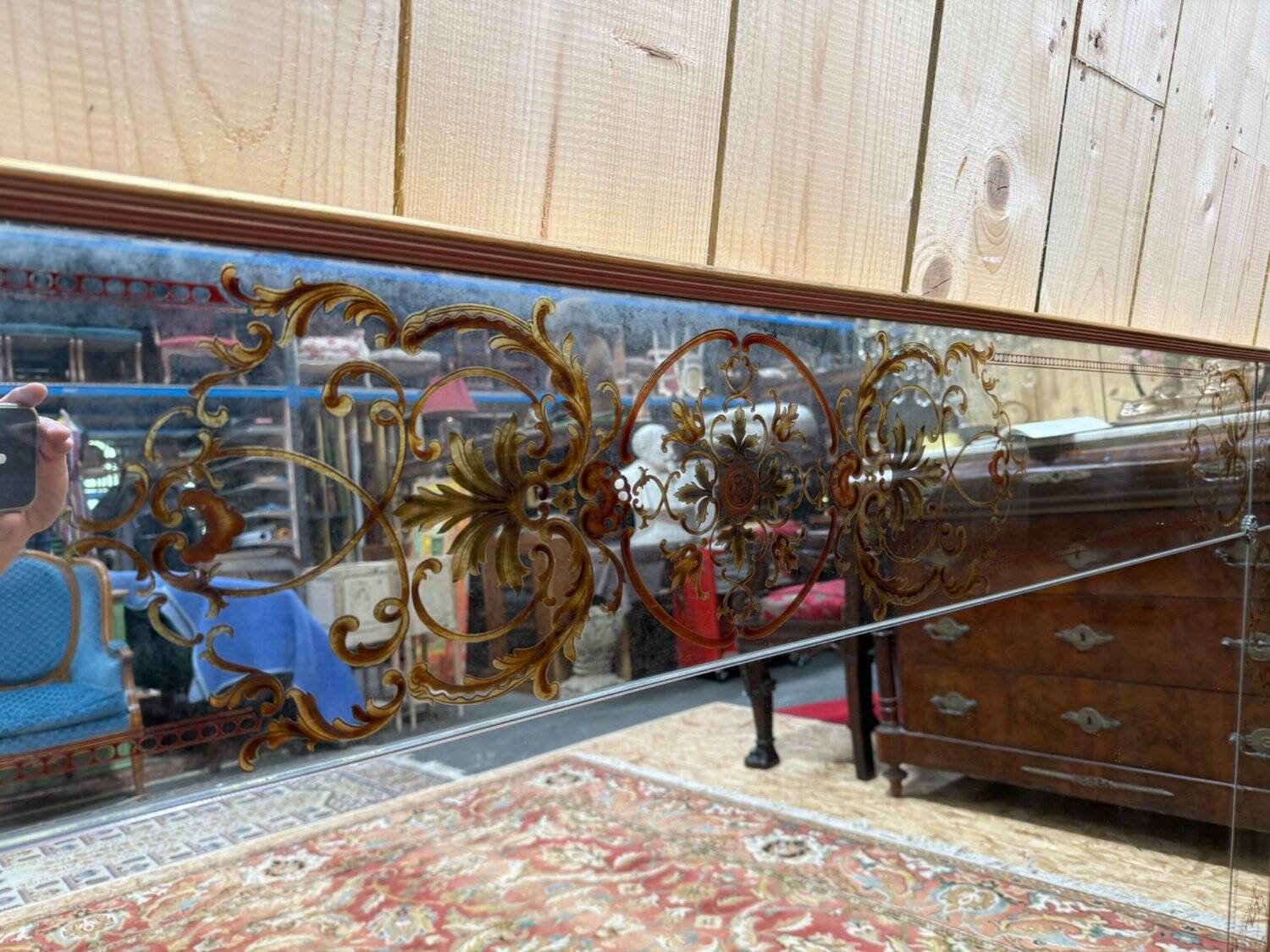 Miroir de brasserie Art Nouveau – Verre églomisé – Bois laqué – Bronze