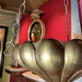 Italian Art Nouveau Hanging Bowl Pendant Lamps or Planters in Hand-Hammered Brass, 1890s, Set of 2