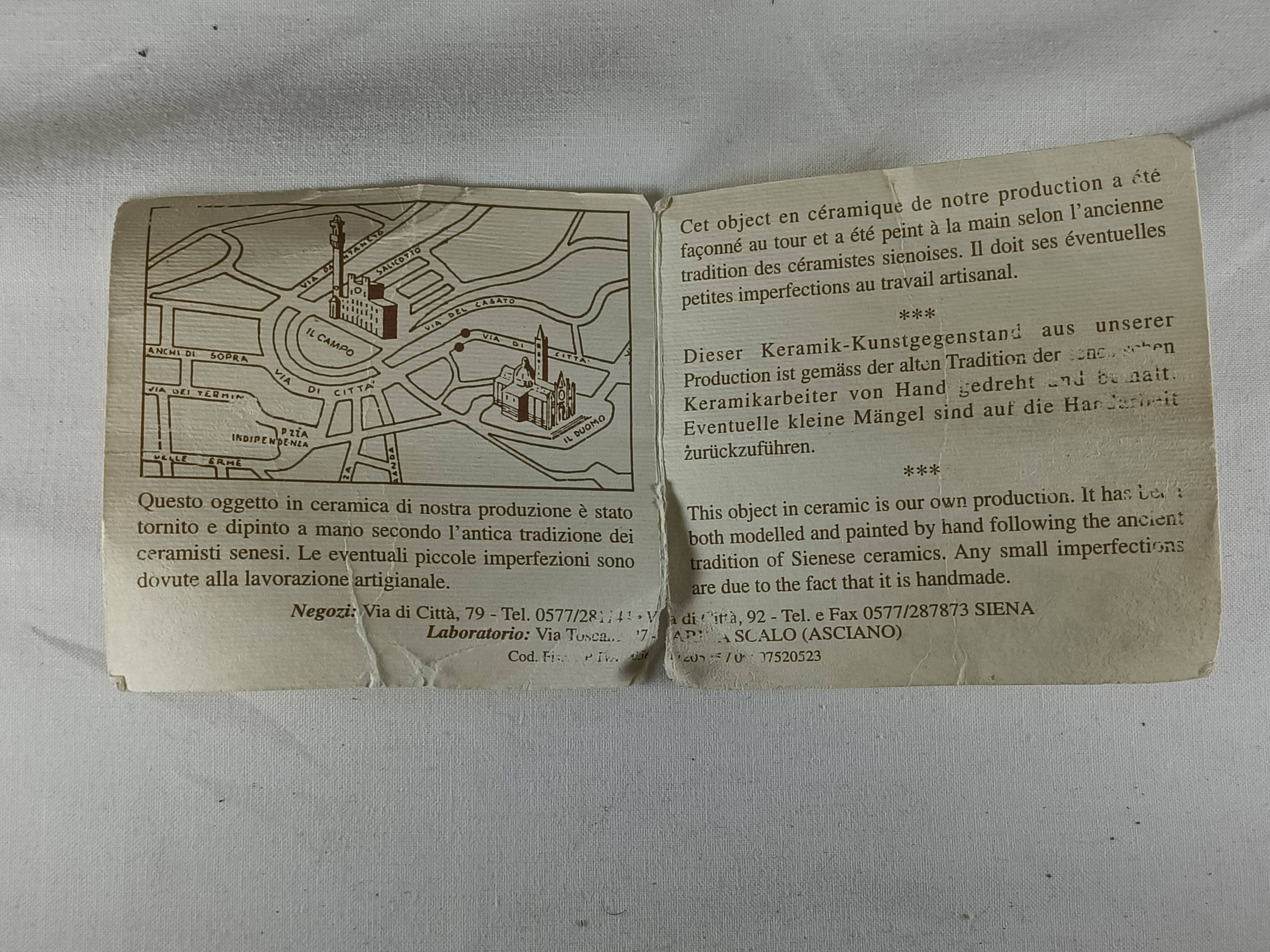 Archaic Italian pitcher from Siena in hand-painted ceramic – animal decoration