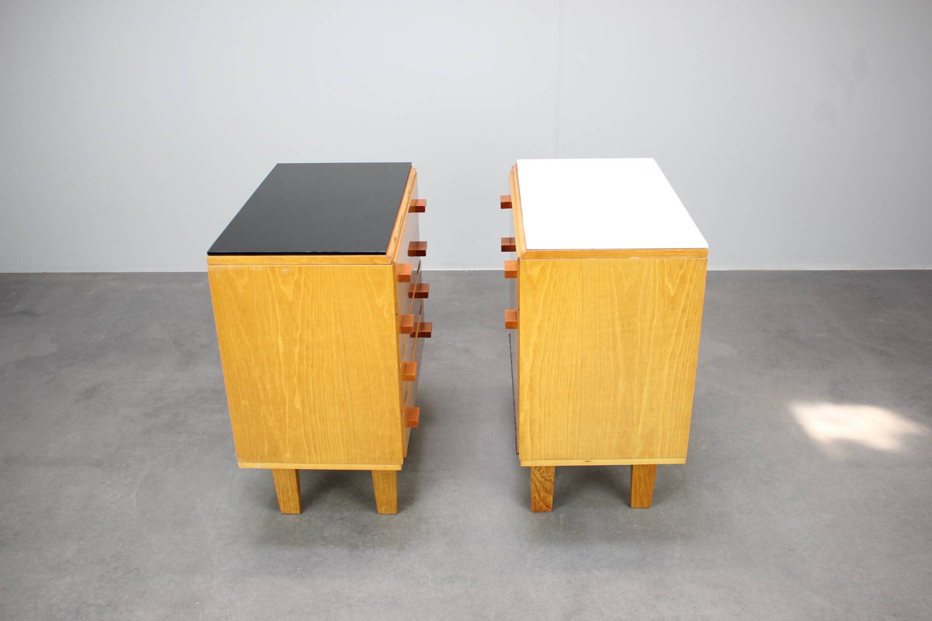 1960s František Mezulaník Mid-Century Maple Nightstands with Black and White Glass