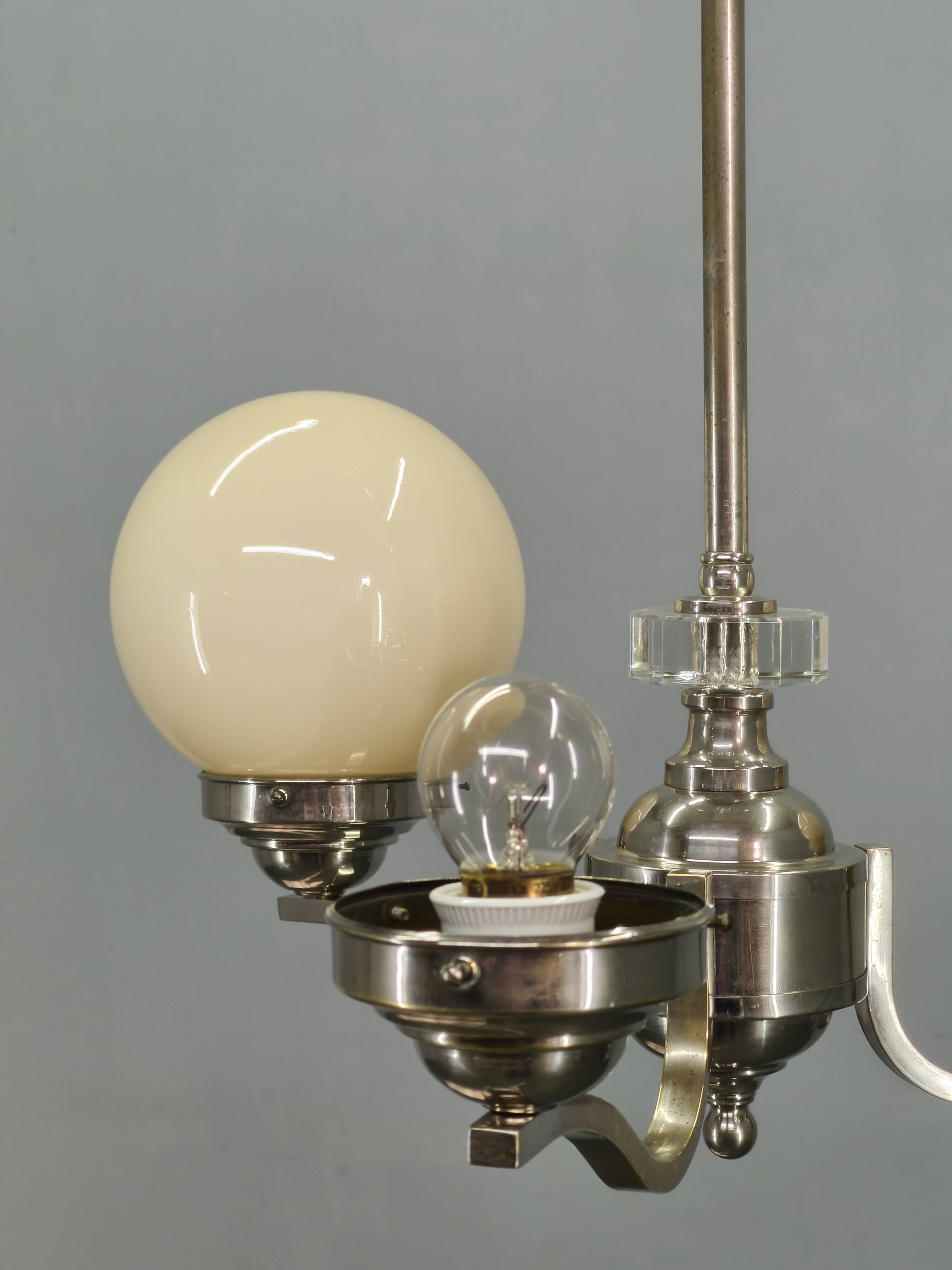 1930s Art Deco Nickel and Glass Chandelier, Czechoslovakia