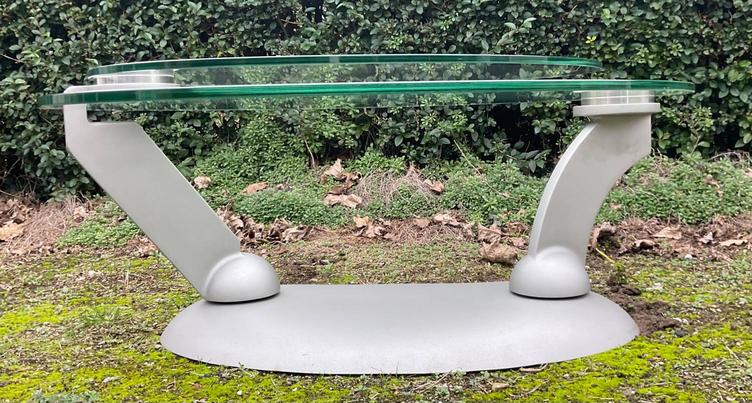 Naos designer coffee table in tempered glass and cast iron