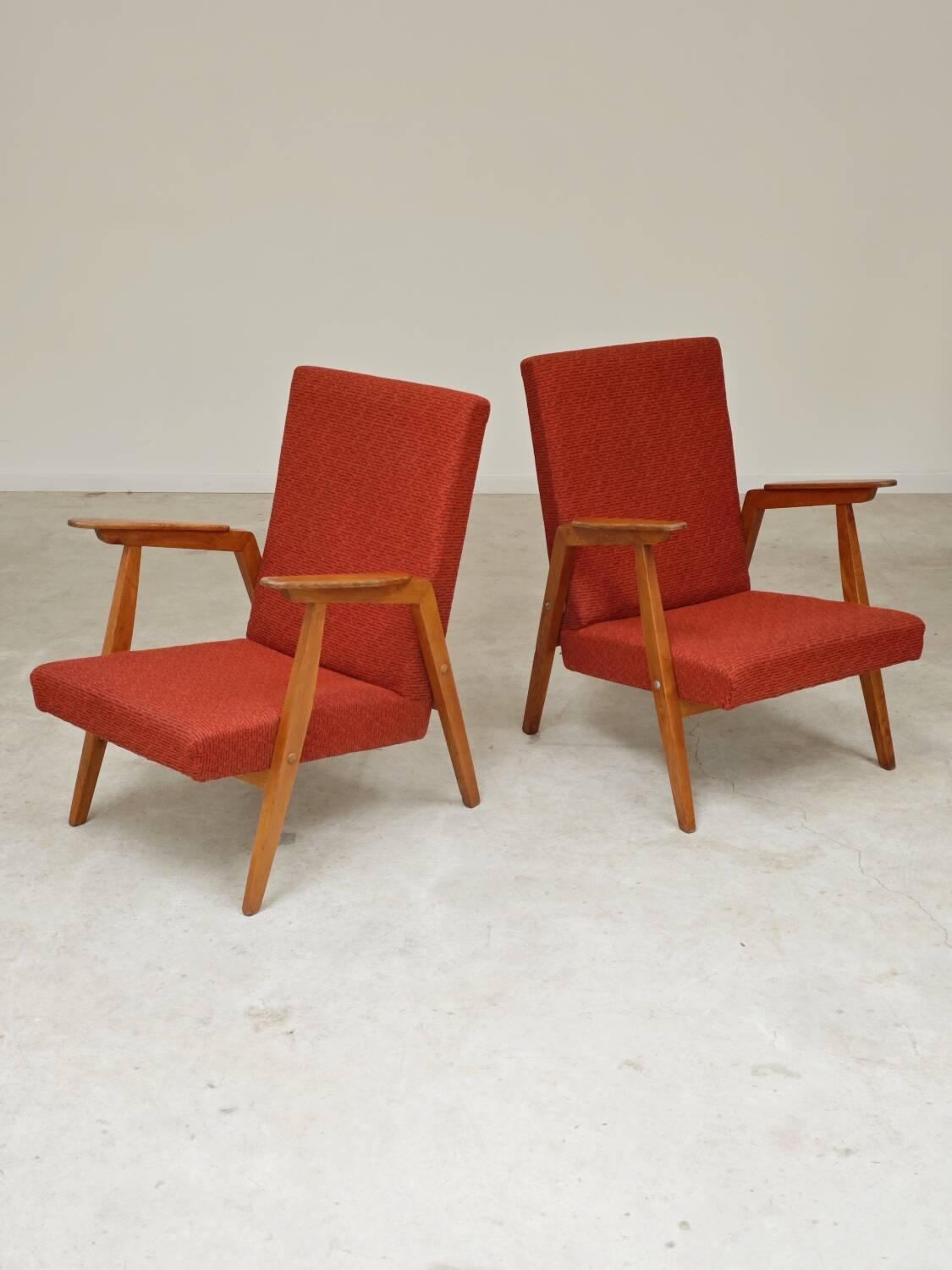 Pair of Uluv red Eastern Bloc armchairs, 1960s