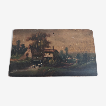 Painting oil painting on panel landscape mill XIXth century