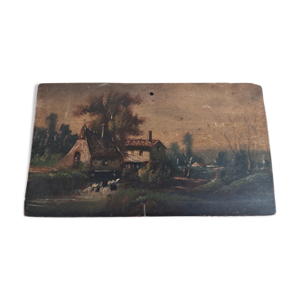 Painting oil painting on panel landscape mill XIXth century