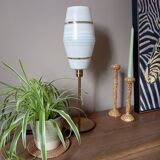 Mid-century gold metal table lamp with white striped shade