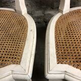 Set of 2 Louis XVI style patinated beige and cannate chairs