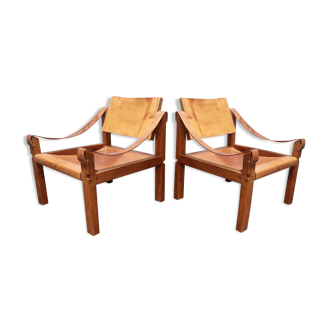 Pair of Pierre Chapo sahara s10 armchairs in cognac leather and oak, France 1960