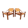 Pair of Pierre Chapo sahara s10 armchairs in cognac leather and oak, France 1960