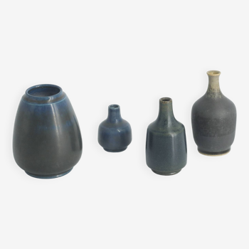 Suite de 4 vases Mid-Century scandinave de collection en grès bleu et marron par Gunnar Borg