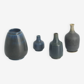 Small Mid-Century Scandinavian Modern Collectible Blue&Brown Stoneware Vase by Gunnar Borg, Set of 4