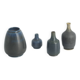 Small Mid-Century Scandinavian Modern Collectible Blue&Brown Stoneware Vase by Gunnar Borg, Set of 4