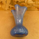 Ancien Vase Verre Soufflé Bleu Moucheté Blanc Col Corolle Vintage