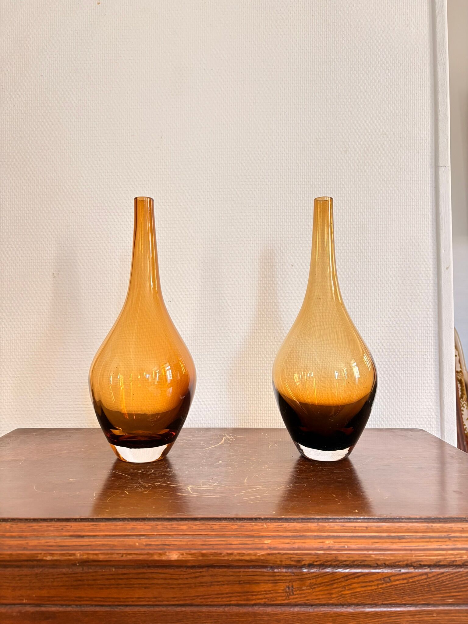 Vintage Pair of Vase Soliflore Blown Moulded Glass Mid Century Holmegaard