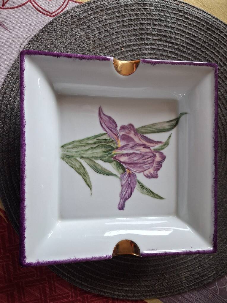 Sublime Pocket Bowl in Limoges Porcelain, Hand-Painted Iris & Gold Leaf