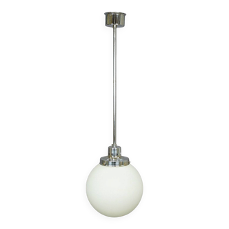 Vintage Bauhaus-style pendant light with opaline glass shade.