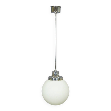 Vintage Bauhaus-style pendant light with opaline glass shade.