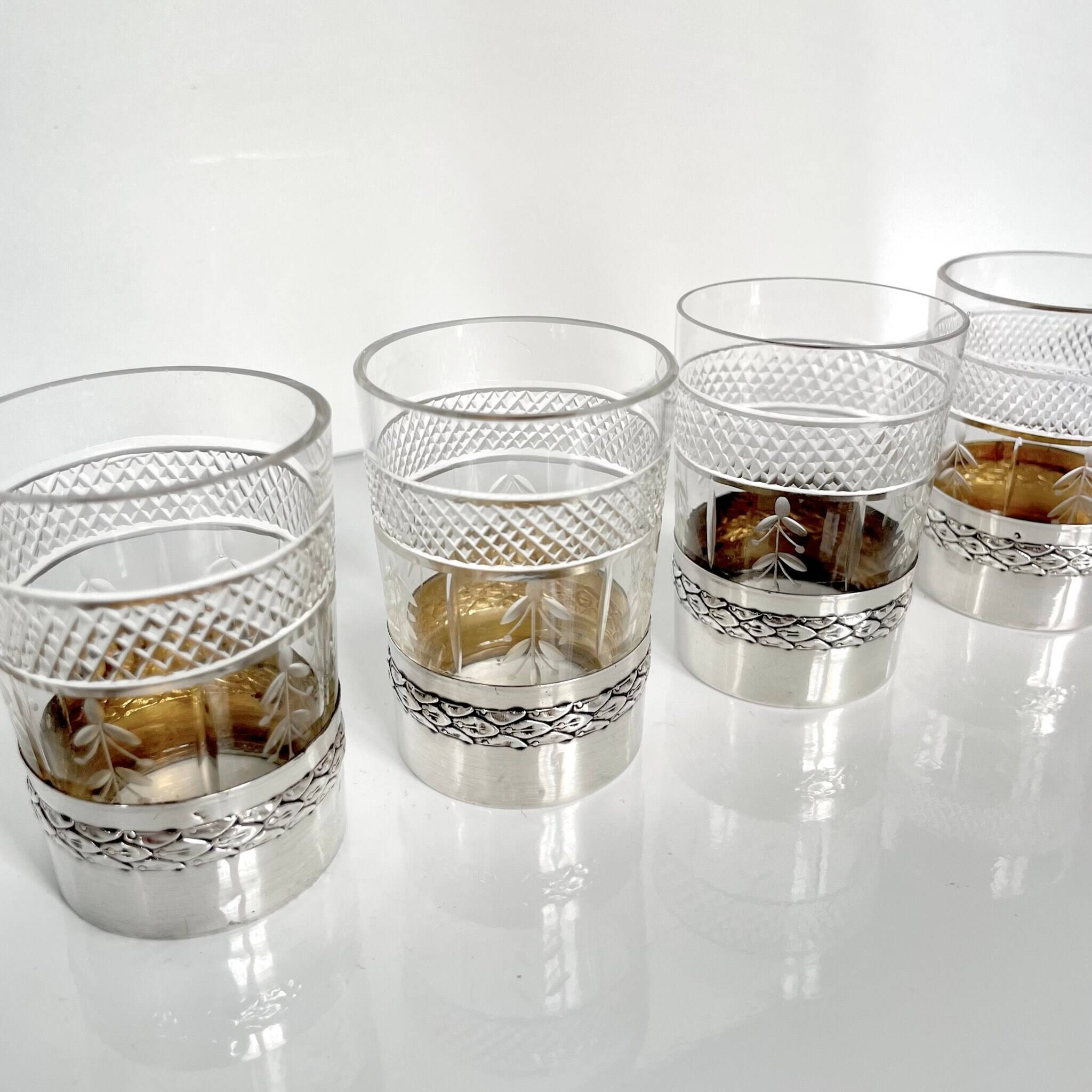 4 crystal and silver liqueur glasses – Late 19th - early 20th century