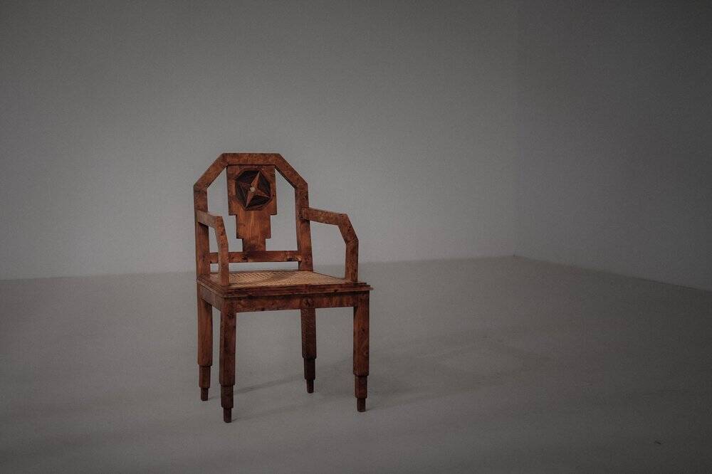 Art Deco armchair, marquetry and cane, circa 1930