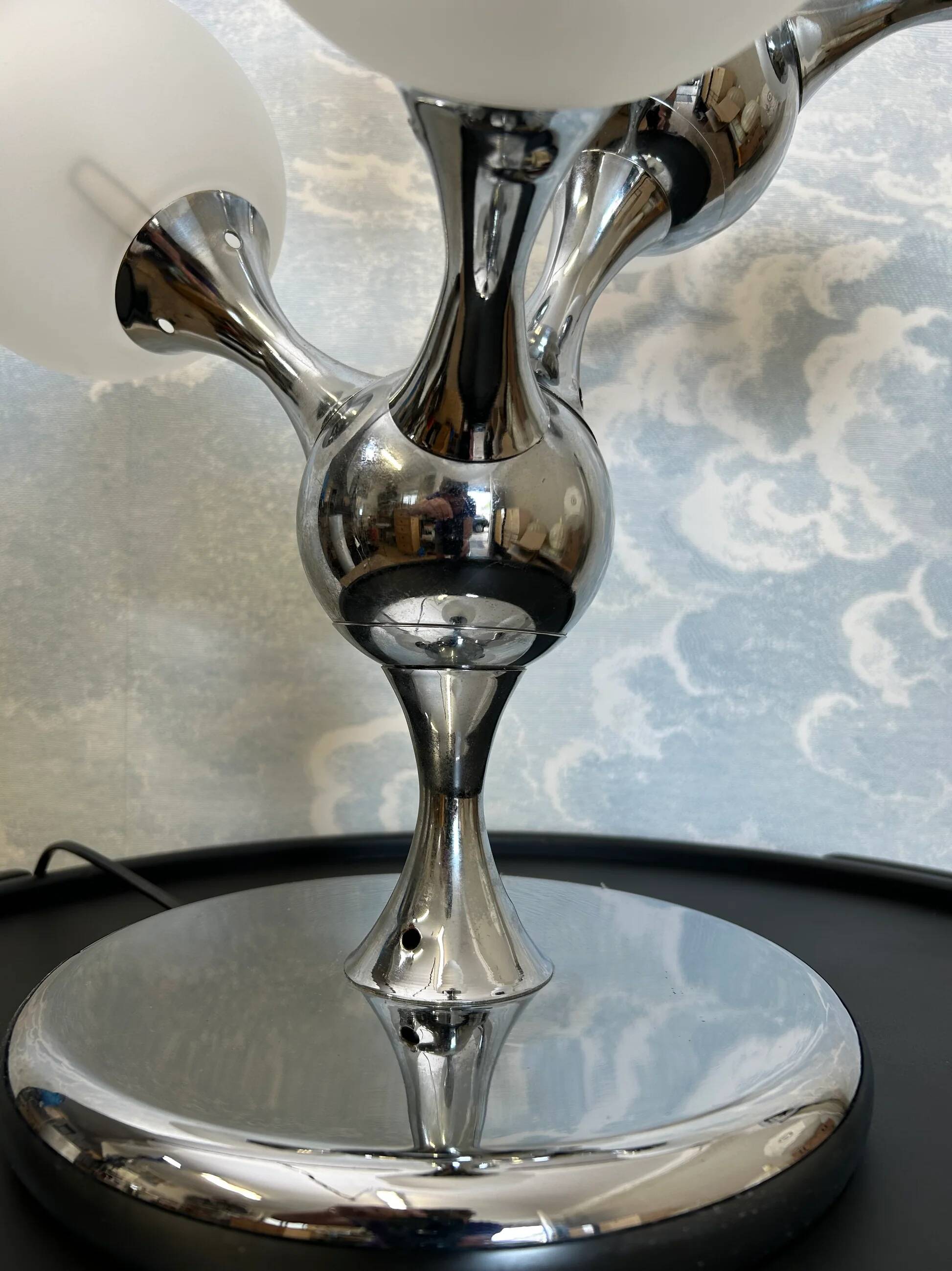 Unique table lamp with a chrome frame and opaque glass globes, 1970s, Space Age, Atomic Age, Sputnik