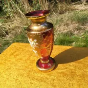 Bohemian Crystal Emerald Red/Rosa Vase with 24K Gold Encrusted Floral Desig