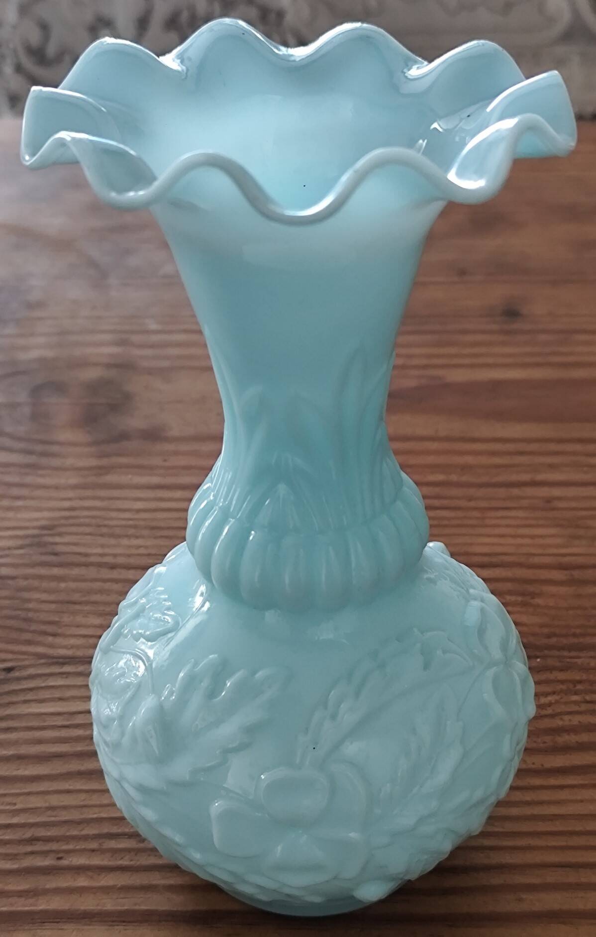 Fair Opaline Vase, Blue/Green, Decorated with Flowers and Foliage.