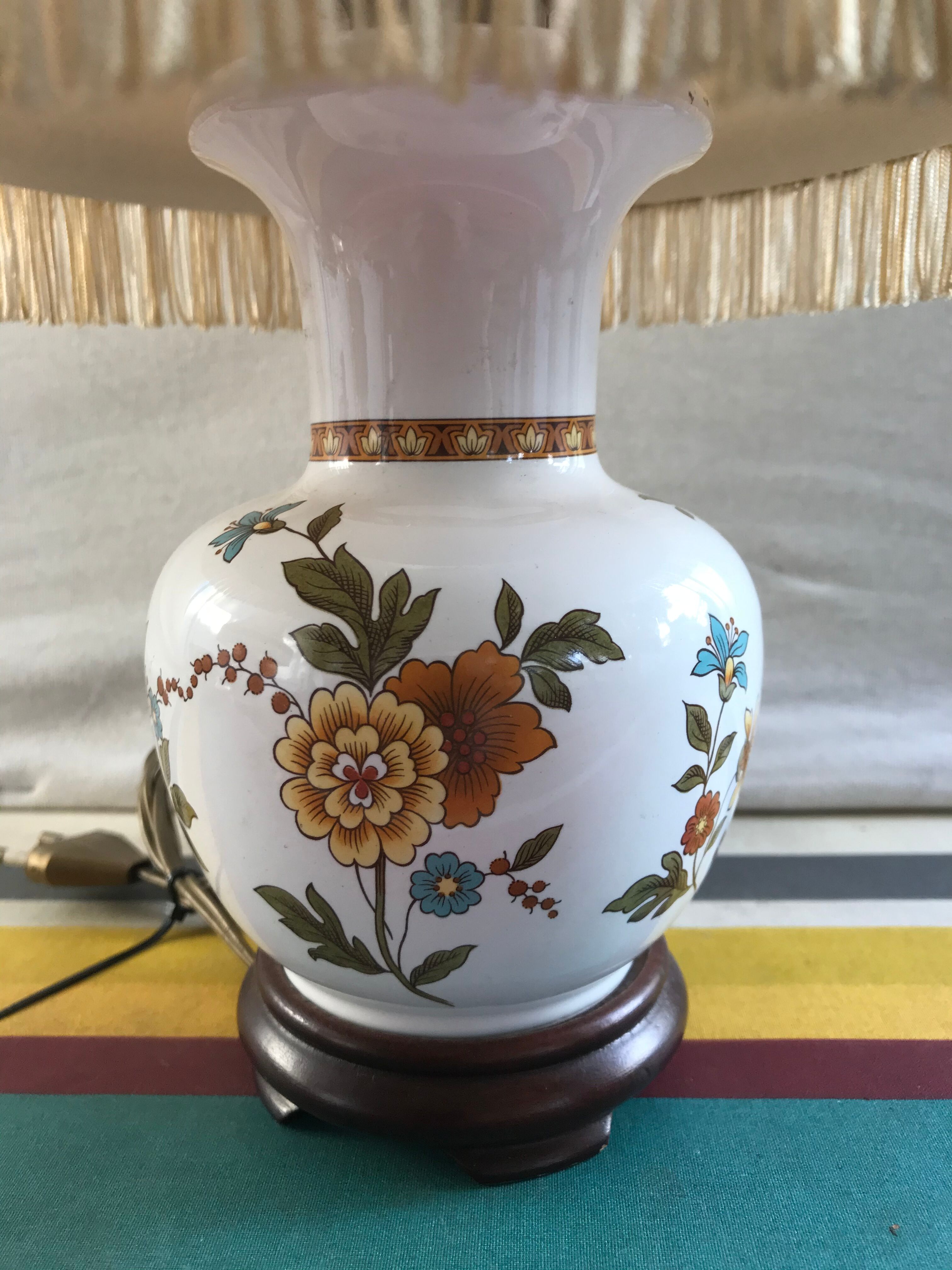 Pair of ancient ceramic lamp Moustiers style with vintage cream lampshades