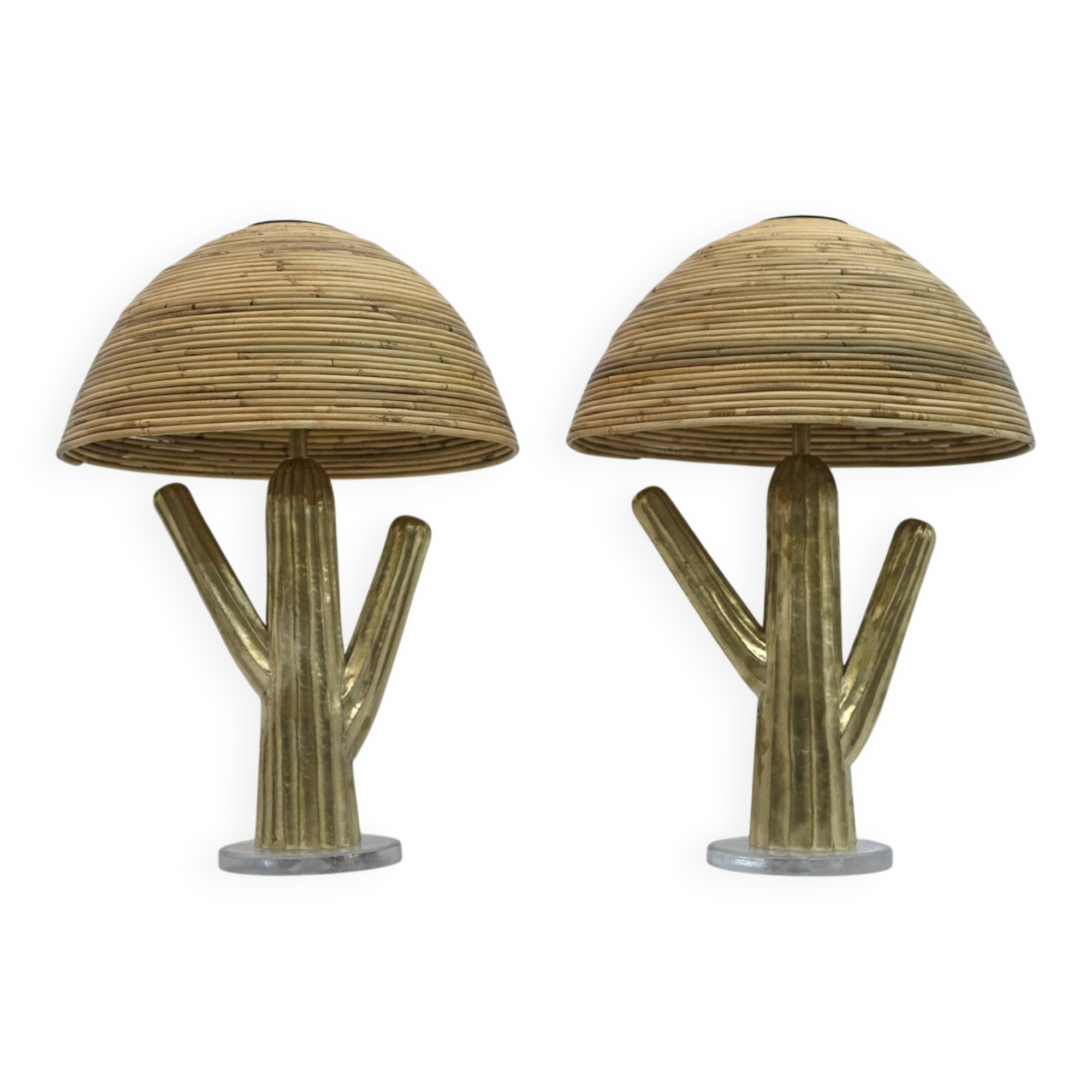 Pair of Hollywood Regency Rattan and Brass Cactus Lamps, Italy, 1990s