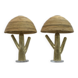 Pair of Hollywood Regency Rattan and Brass Cactus Lamps, Italy, 1990s