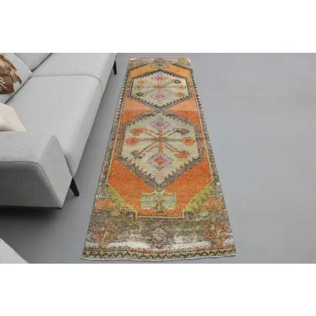 1970s Turkish hand-knotted wool cotton orange runner rug 85x273