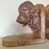Pair of dog head bookends in spelter on marble slab, signed Lecourtier - sculptures